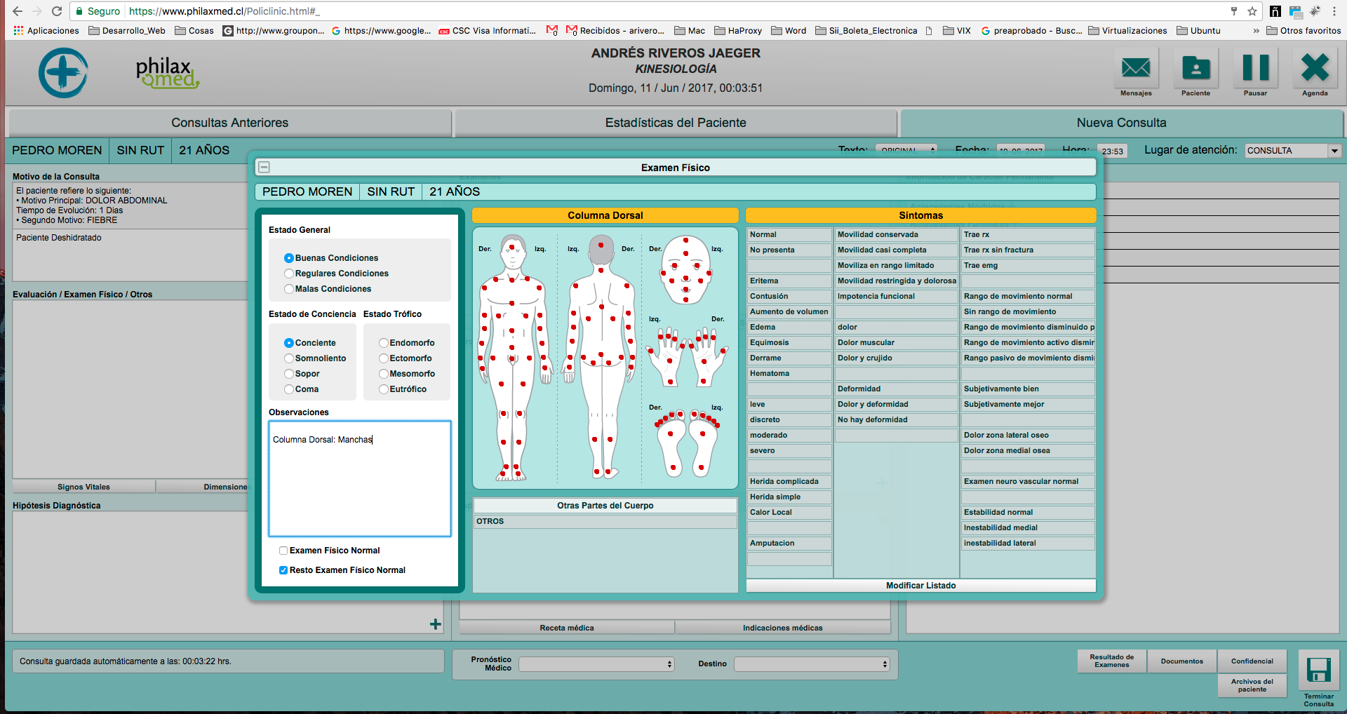 Examen físico segmentario Examen físico segmentario — datos ficticios de demostración de PhilaxMed