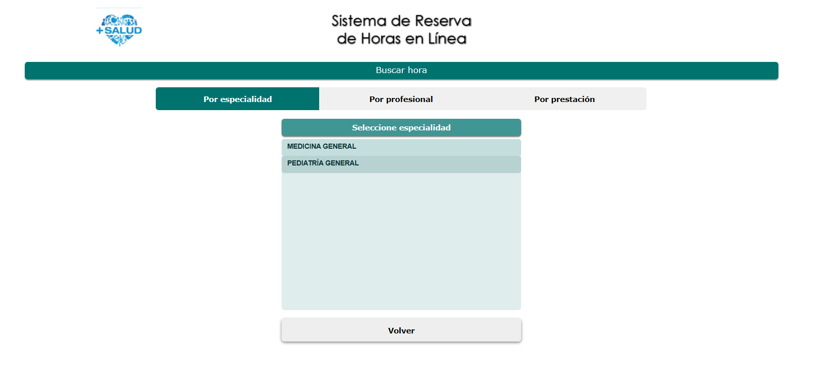 Búsqueda de hora por especialidad en la reserva online