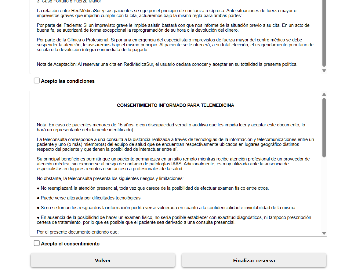 Captura real de PhilaxMed — Consentimientos y pago