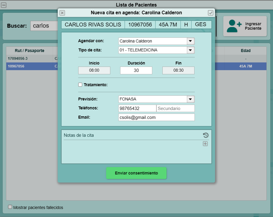 Captura real de PhilaxMed — Agendamiento de la cita