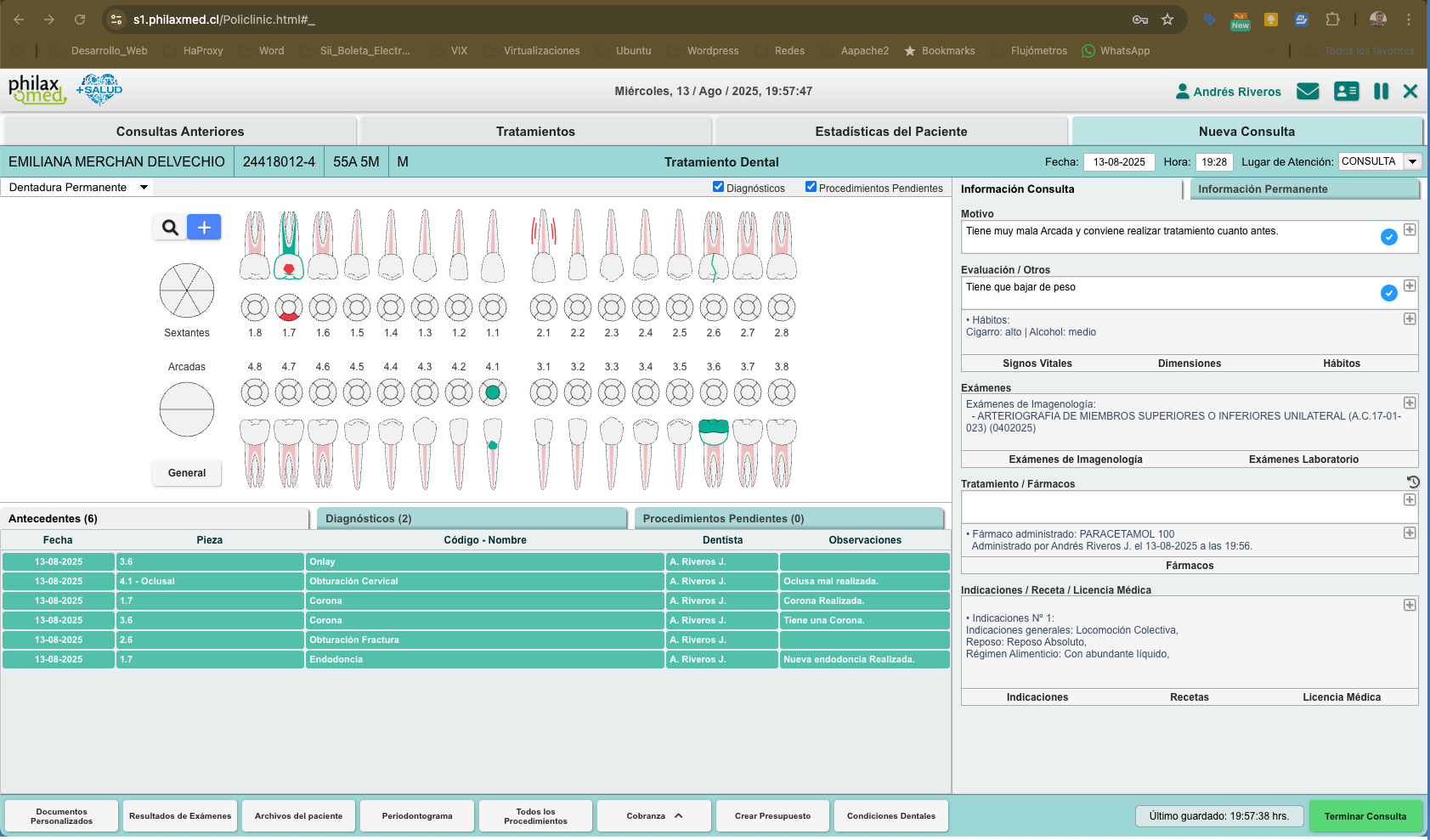 Odontograma interactivo de la ficha odontológica de PhilaxMed