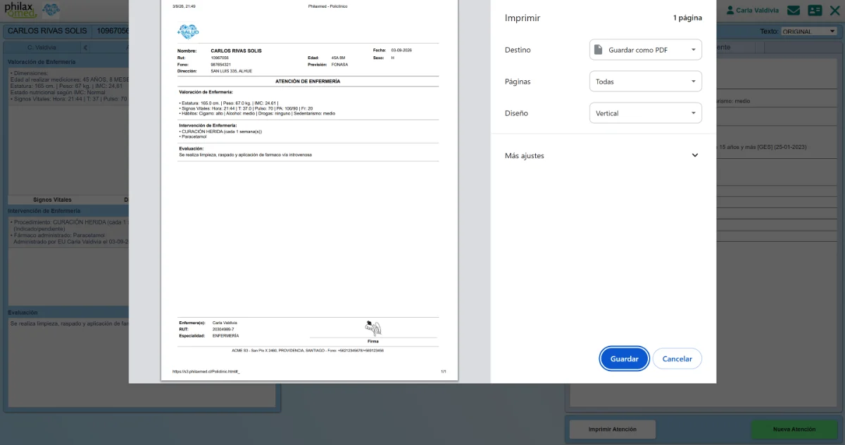 Captura real de PhilaxMed — Ficha Enfermería