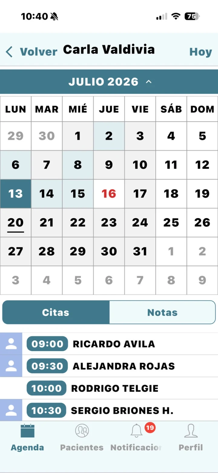 Agenda del profesional en la app móvil de PhilaxMed