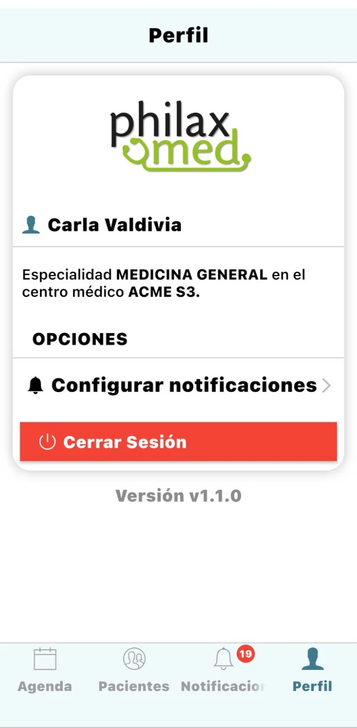 Captura real de la App Móvil de PhilaxMed — Perfil y opciones