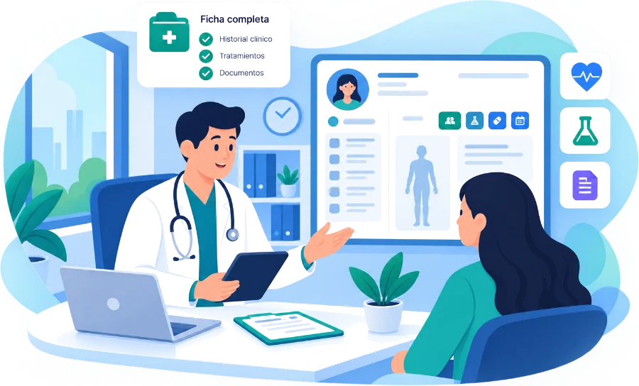 Médico revisando la ficha clínica completa del paciente