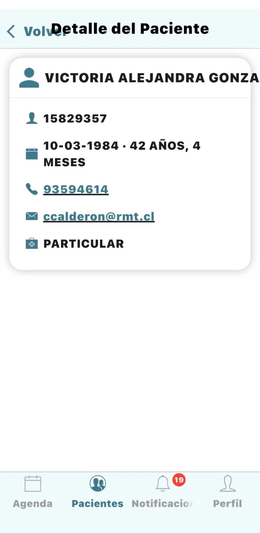 Captura real de la App Móvil de PhilaxMed — Información del paciente