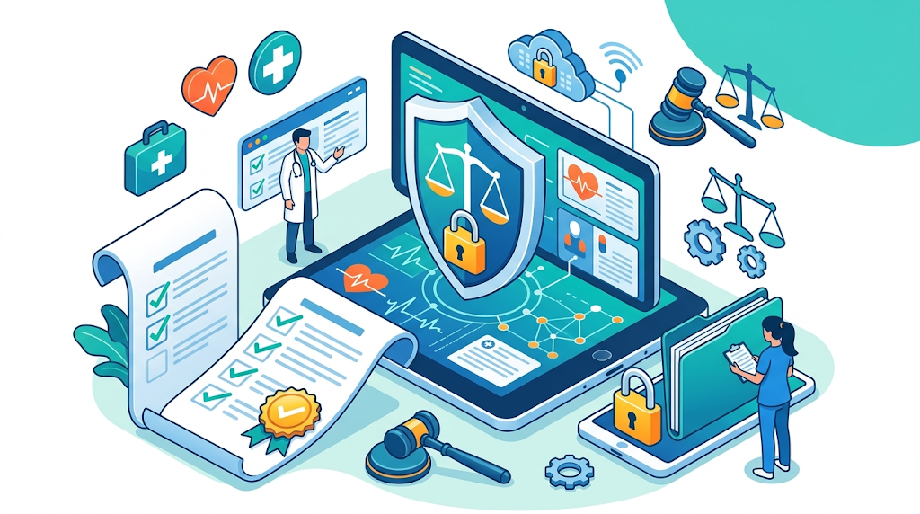 Ilustración isométrica sobre normativa de salud digital que muestra pantallas protegidas por un escudo y un candado, junto a balanzas de la justicia, documentos de verificación y registros médicos